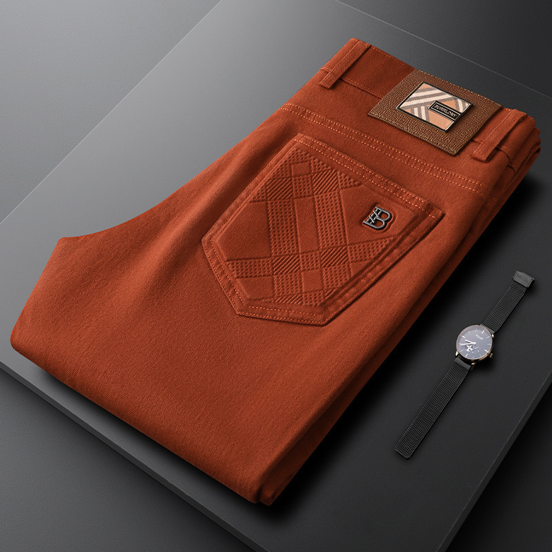 Light Luxury Autum Orange Casual Jeans Men's Slim Fashion Embossed Men's Pants Men's Small Straight Pants
