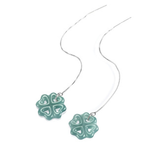 Natural Jade A Goods Blue Water Four-leaf Clover Ear Line S925 Silver Set Ice Jade Stone Women's High-grade Earrings Earrings