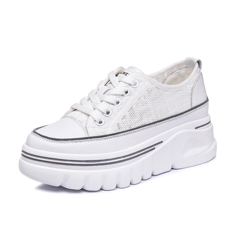 Women's leather hidden height white shoes 2024 new spring and summer mesh breathable casual single-layer shoes popular platform platform shoes