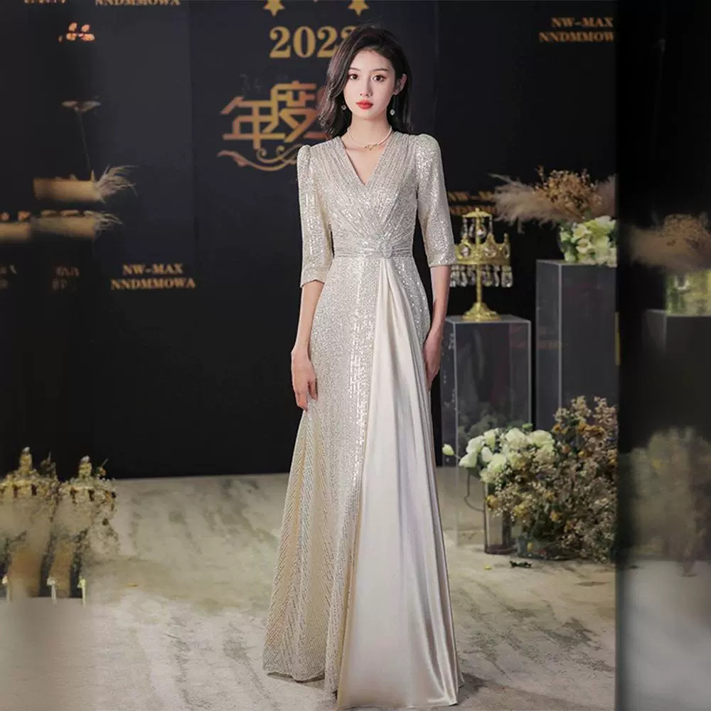 New Host Evening Dress Light Champagne Color V Neck Fashionable Design A-Line Dress Elegant Classy Dress