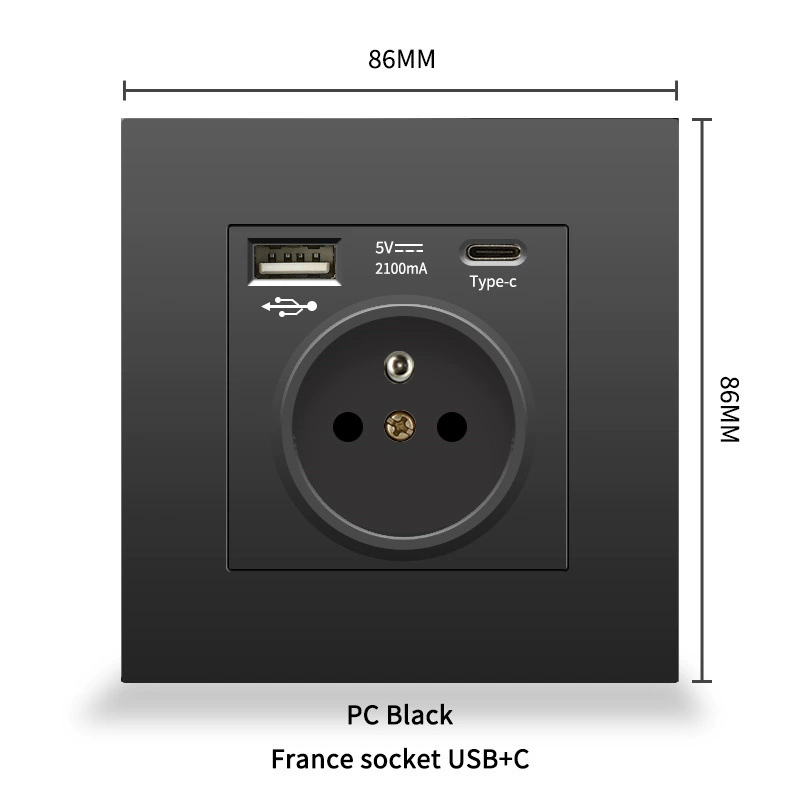 86 евростандартная панель розетки с французской вставкой, Type-C + USB, европейский стандарт 16A, стеклянная панель