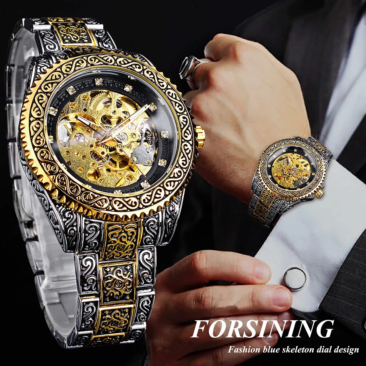 Reloj mecánico Forsining totalmente automático, reloj de hombre de oro tallado, modelo de hebilla de mariposa resistente al agua_voghion.com