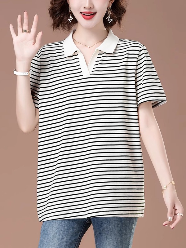 女性用純綿半袖Tシャツ、ゆったり大きいサイズ、ファットmm、ミドル丈ラペルトップ、おしゃれな年齢軽減中年ママ夏服|undefined