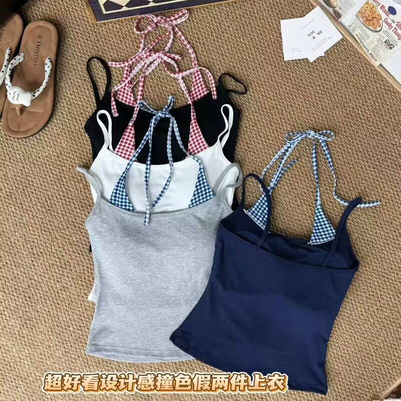 灰色假两件挂脖吊带背心女夏季外穿带胸垫辣妹风修身短款无袖上衣|undefined