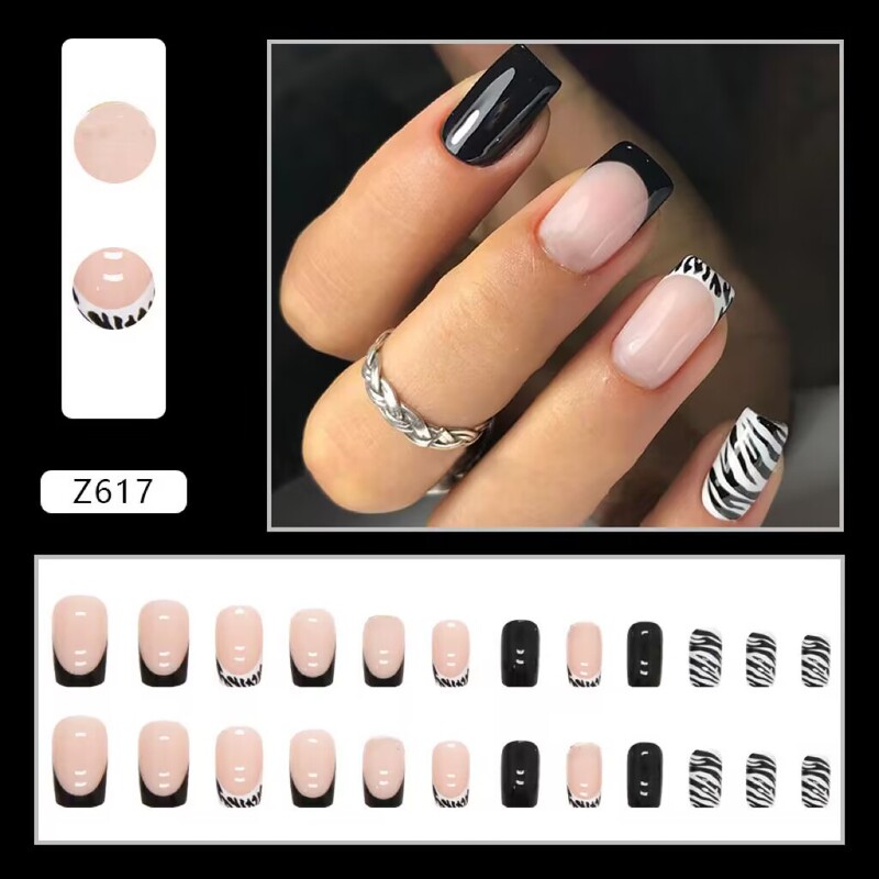 Medium and Long European Style French Style Black and White Foundation Pure Black Stripe Zebra Pattern Diamond Style Wear Armor False Nails Medium and Long European Style French Style Black and White Foundation Pure Black Stripe Zebra Pattern Diamond Style Wear Armor False Nails