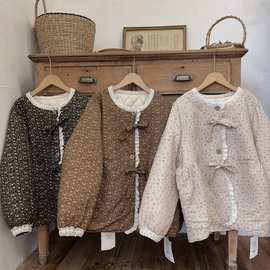 森女日系文艺复古麻料碎花夹棉棉衣女宽松木耳边系带民国棉服秋冬