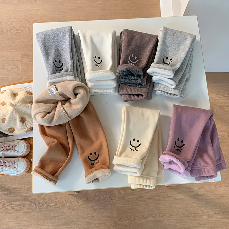 秋冬新款印花保暖一体绒男女童打底裤笑脸加绒长裤中小童加厚裤子