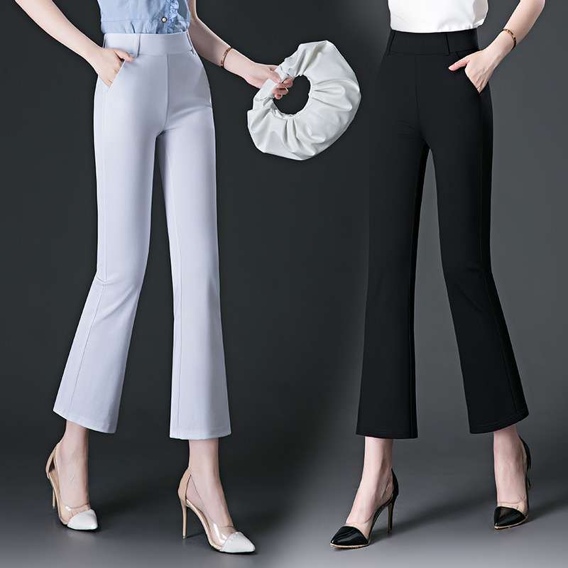 Summer Non-Belted Micro-Waist Elasticated Soft-Waist Ankle-Length Pants Black Cotton Elegant High Waist for Commuter