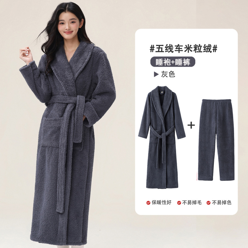 新款秋冬女睡袍半边绒加长加厚保暖睡衣情侣浴袍珊瑚绒家居服套装|undefined