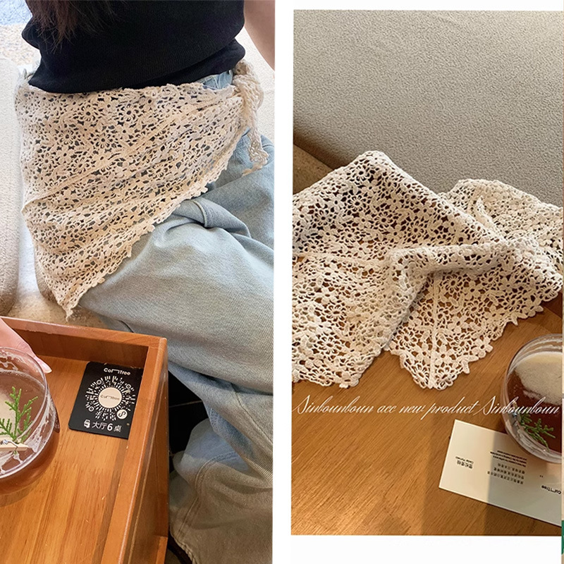 Bufanda triangular estilo ins, pañuelo en la cabeza, pañuelo en la cintura irregular, cortina de pedo, pañuelo en la cabeza de encaje con chal fino de punto hueco