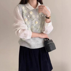 韩系甜美风立体花朵针织马甲背心女秋季新款宽松叠穿百搭毛衣马夹