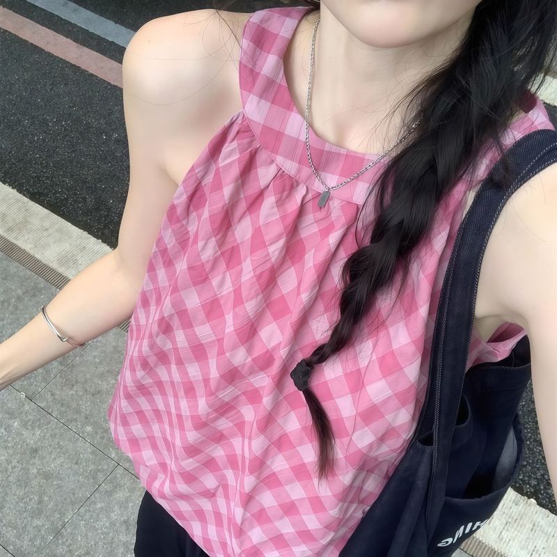 复古百搭撞色格子无袖背心女夏季2025新款甜美减龄宽松花苞上衣潮|undefined