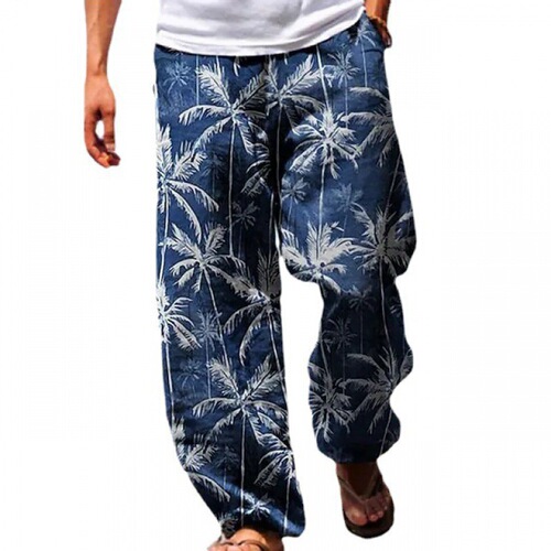 Men's Loose Straight Leg Long Pants with 3D Print, European and American Style, Vacation Beach Pants