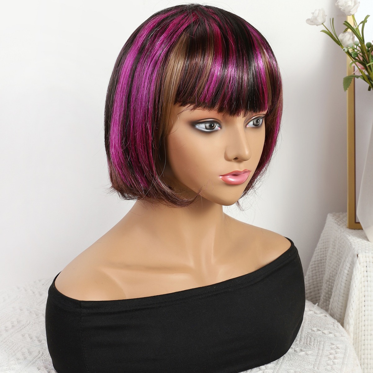 Transfronterizo nuevo polvo marrón mezcla de color gradiente largo recto 12 pulgadas sin encaje pelo recto europeo y brasileño peluca