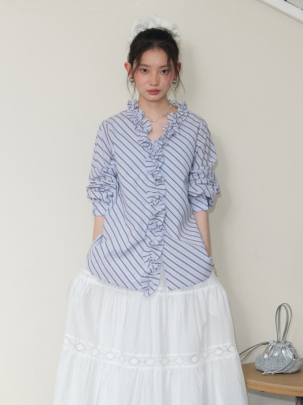 BLUEerror 肌理感花边v领蓝色条纹长袖衬衫女纯棉边衬衣早秋|undefined