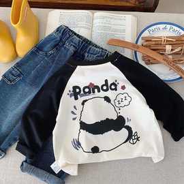 100%纯棉儿童2024春秋季韩版可爱熊猫男女童插肩袖T恤宝宝上衣潮