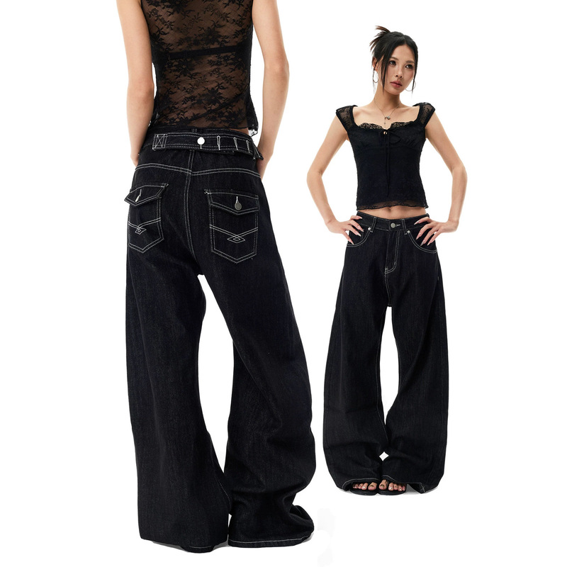 American-style raw denim wide-leg jeans for women, spring 2026 new collection, retro low-waist, loose fit, adjustable, with embroidered curved hem