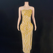 多色可选新款欧美跨境女歌手性感透明网纱水钻紧身连衣裙生日礼服