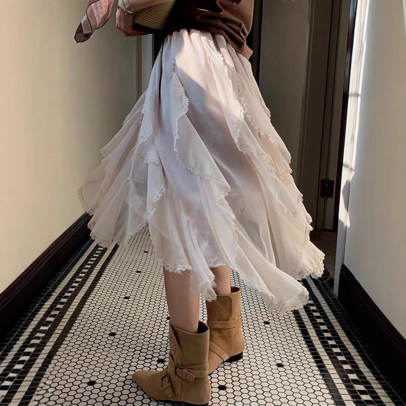 French Ruffled Irregular Lace Splicing Skirt for Women in Autumn New Design Contrasting Color Mid-Length Skirt