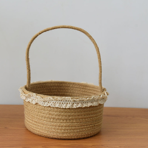 Cotton and Hemp Rope Flower Basket Storage Basket Snack Basket Household Basket Storage Box Handheld Lace Round Cross-border Miscellaneous Basket