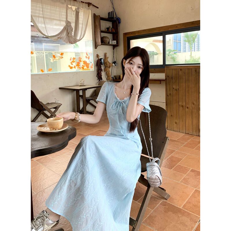 Summer French Lace Splicing Temperament Waist Dress Plus Size French Lace Slimming Blue Embroidered Dress