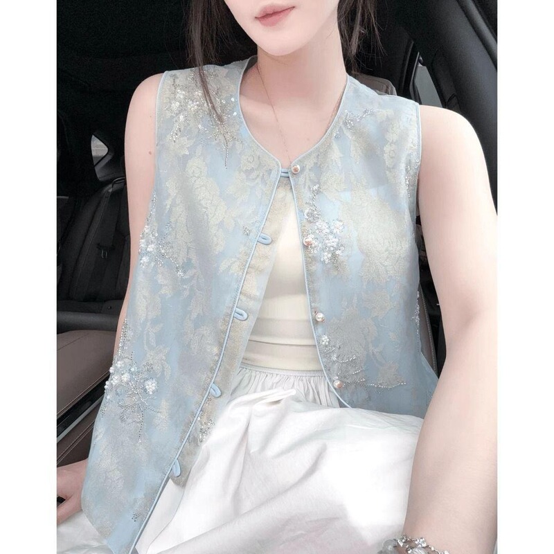 2026 Chinese-Style Summer Top with Sequins, Embroidery, and Beading, New Chinese-Style Sleeveless Thin Vest, Versatile and Finely Crafted