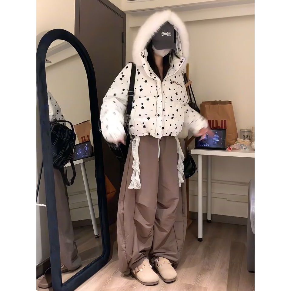 韩版设计感星星兔耳朵毛领羽绒服女冬季新款保暖百搭白鸭绒外套