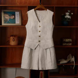 工厂篙端竹节麻马甲短裤套装女2025新款薄款苎麻外穿小马夹背心