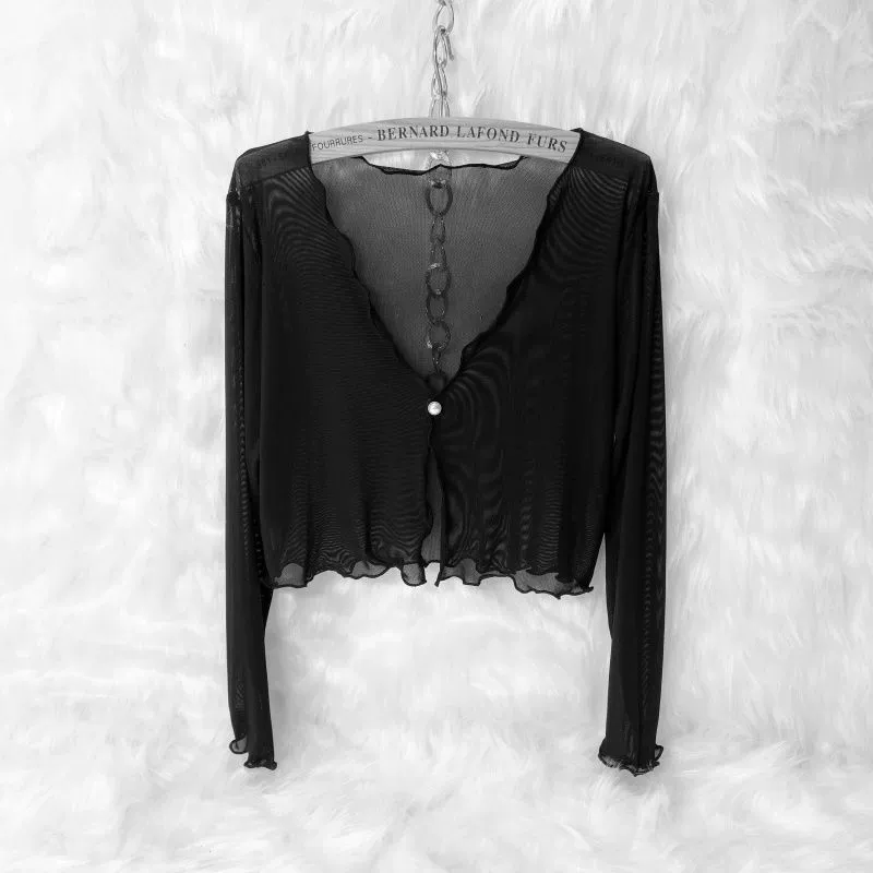 Женский кардиган Pure Desire, летняя пикантная верхняя одежда с длинным рукавом, однотонное маленькое пальто, короткая тонкая рубашка с V-образным вырезом и кондиционером, модная шаль