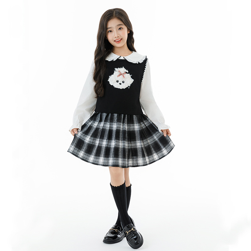 Girls' Skirt Suit, Sweet Doll Collar Shirt, Vest Layered Three-Piece Set, 2026 Spring, Middle and Older Children's Clothing