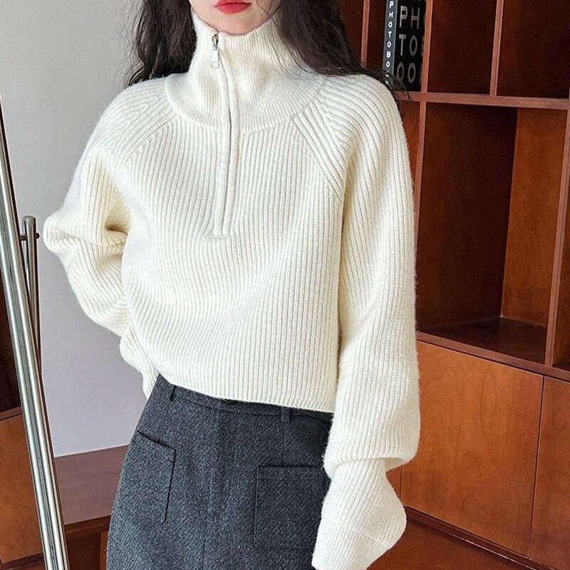 Short, Lazy-Style, Half-Zip Turtleneck Sweater for Petite Women, Autumn and Winter Knitwear, Soft and Loose Outerwear, Trendy Top Short, Lazy-Style, Half-Zip Turtleneck Sweater for Petite Women, Autumn and Winter Knitwear, Soft and Loose Outerwear, Trendy Top
