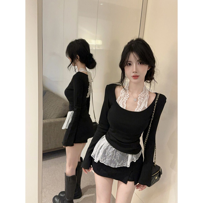 Purely Alluring Spicy Girl Lace Patchwork Halter Neck Long-Sleeve T-Shirt, Waist-Cinching Slimming Faux Two-Piece Base Shirt, Stunningly Elegant Top