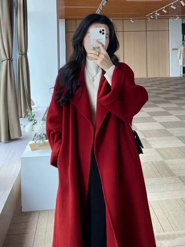 Red double-sided woolen long demi-season woolen coat
