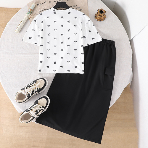 Girls 'suit, foreign trade children's wear, 2025 summer new style, bow bow printed short-sleeved shirt, two pieces, skirt