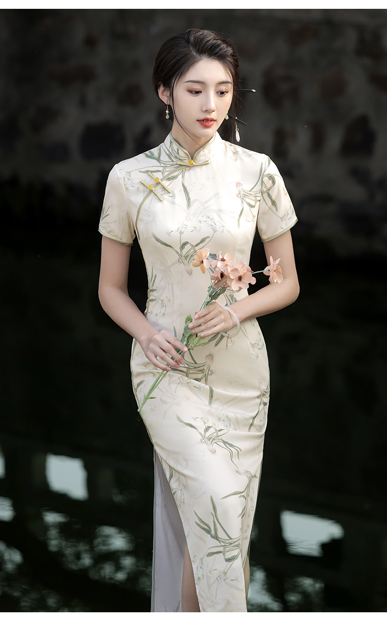 New Chinese-style Elegant Improved Cheongsam Dress For Women, Summer New Design With Buttons, Slit, And Printed Pattern_ecoleips.com