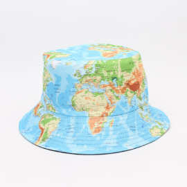 跨境双面戴世界地图图案印花渔夫帽男女户外出游显脸小遮阳盆帽男