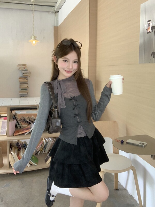miu系穿搭套装灰色蕾丝拼接打底衫女秋季叠穿吊带背心上衣两件套|undefined