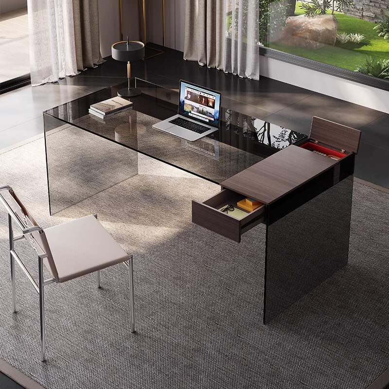 Simple Modern Light Suspended Table Villa Color Study Luxury Office Smoked Glass Desk Italian High-End Office Desk