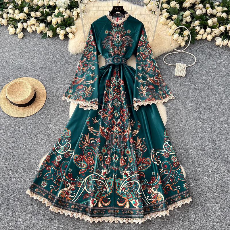 Palace-Style Retro Stand-Collar Single-Breasted Flared Sleeve Long Lace Dress for Women, European and American Fashion Printed Long Dress Palace-Style Retro Stand-Collar Single-Breasted Flared Sleeve Long Lace Dress for Women, European and American Fashion Printed Long Dress