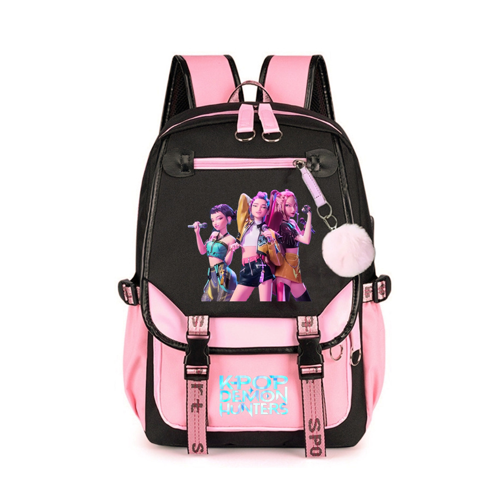 kpop猎魔女团电影周边印花usb接口双肩背包书包学生校园带毛球背