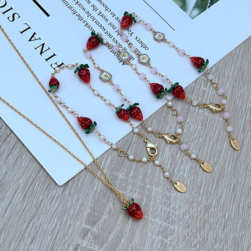 14g Weight Jewelry Set Classification cable chain Chain Type 1 Piece Quantity Daily Occasion natural stone, Enamel Glaze, Copper Material Strawberry Pattern All Seasons Season Women's Gender Plating Design Sweet Style Sweet Strawberry Natural Stone Enamel Glaze Copper Cable Chain Jewelry Set In Bulk 无