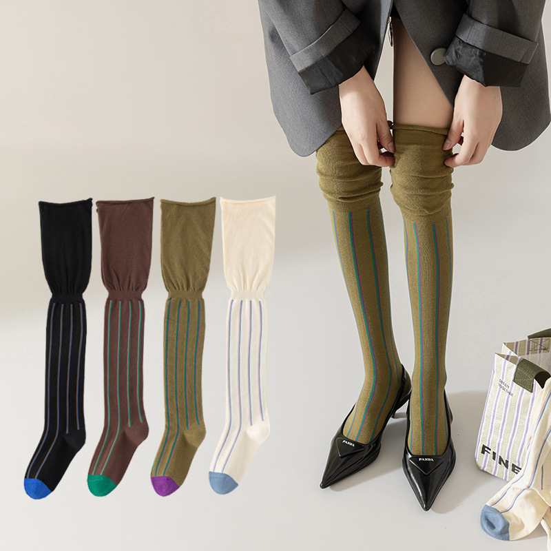 2025d Thigh High Socks For Women, Over-the-Knee Long Socks, Runway Style, Ins Vertical Stripes, Loose Mouth, Niche Slimming,_voghion.com