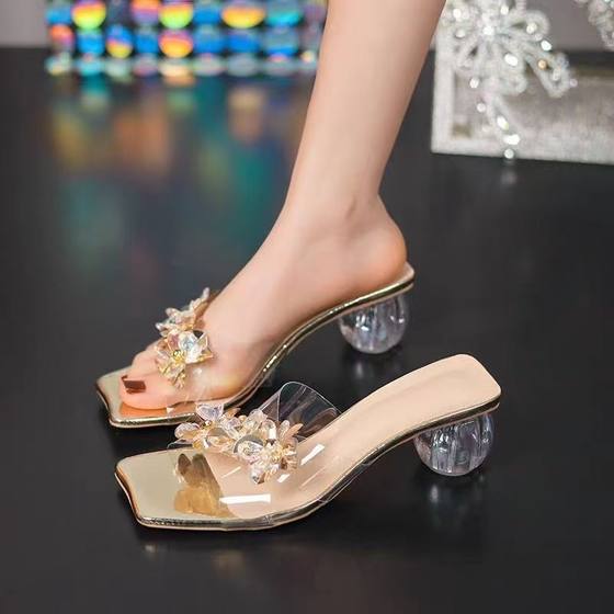 Mid-thick Bottom 2025 Summer New Korean Style Fashion Set Feet Transparent with Casual Square Head Women's Rhinestone Heel Sandals