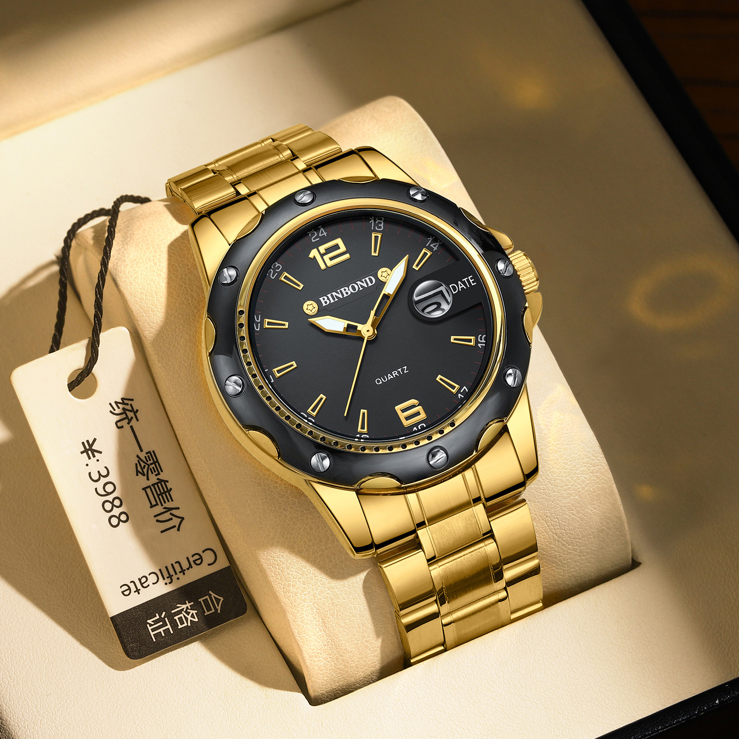 Binbang BINBOND Men's Quartz Watch Fashion Magnifier Calendar Luminous Foreign Trade Men's Steel Belt Sports Watch