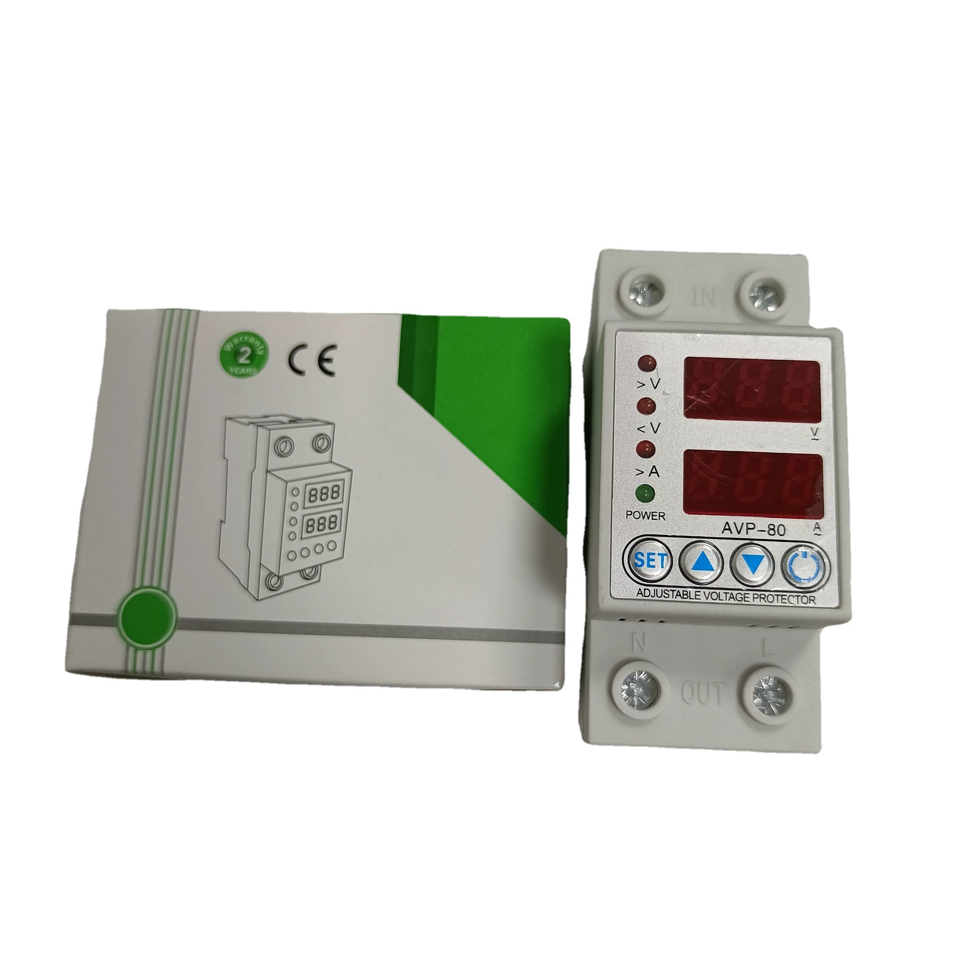 Самодуплексный Регулируемый протектор тока от перенапряжения Светодиодный двойной дисплей AVP-80A Защита от напряжения цифрового дисплея 220 В