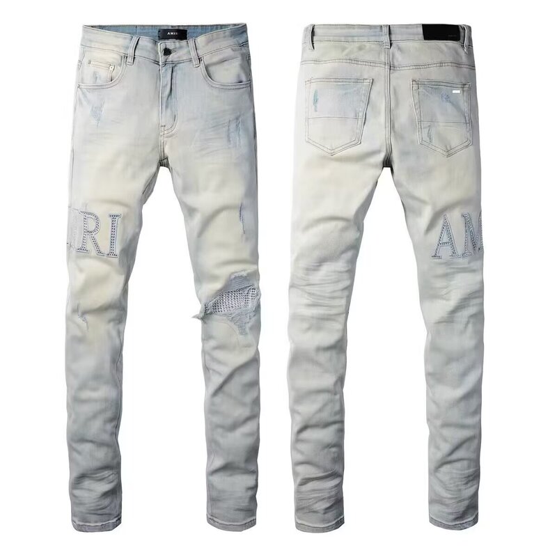 New High Street Am Trendy Brand Jeans for Men with Holes, Embroidered Leather Patches, Elastic Small Straight Slim Pants New High Street Am Trendy Brand Jeans for Men with Holes, Embroidered Leather Patches, Elastic Small Straight Slim Pants