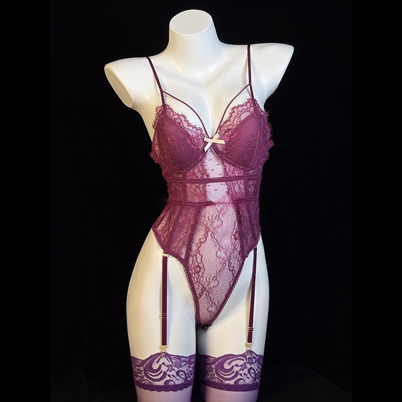 Man Tao Nao "Desire Out of Control" Sexy Lace Mesh See-Through Mood Suspender Bodysuit with Breast Pad Underwear