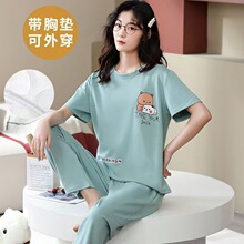 100%纯棉睡衣女季春夏短袖长裤休闲宽松带胸垫家居服秋季外穿套装