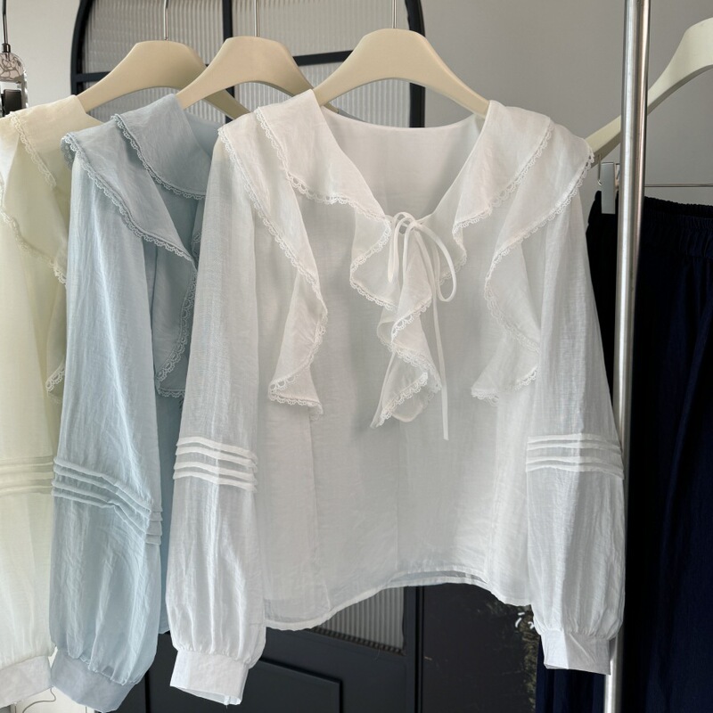 French-Style V-Neck Chic Long-Sleeve Shirt for Petite Women, 2025 New Design with Unique and Elegant Ruffle Top