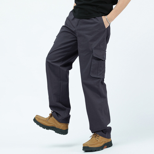 Cross-border pure cotton work pants for men, loose high-waisted casual pants with multiple pockets, outdoor stylish large size mens long pants